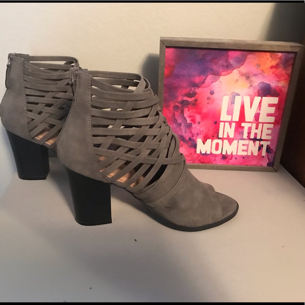 Gray Suede Diba Open Toe Heeled Ankle Boots